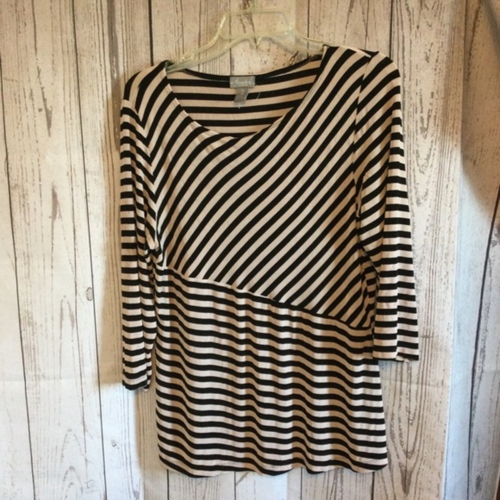 Travelers by Chico’s Striped Black and Tan Stretchy Office Top Size 2 or Large